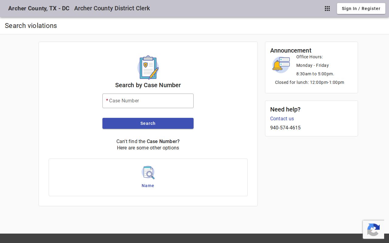 Archer County District Clerk payment and defendant search page