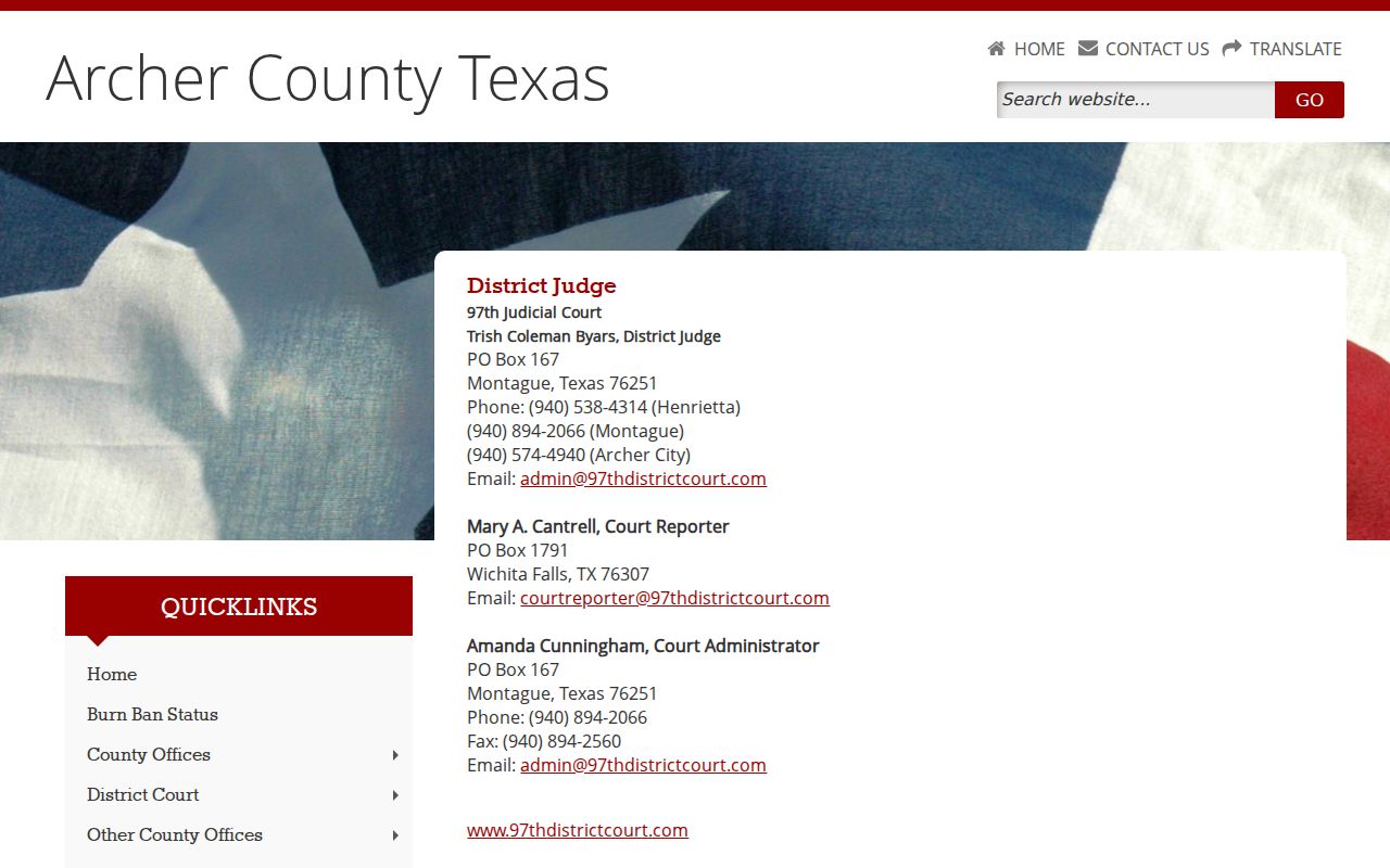 Archer County page for the 97th Judicial District Court
